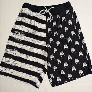 monument, black‎ & white 'bulldogs' lined swim trunks shorts, men's small #1384